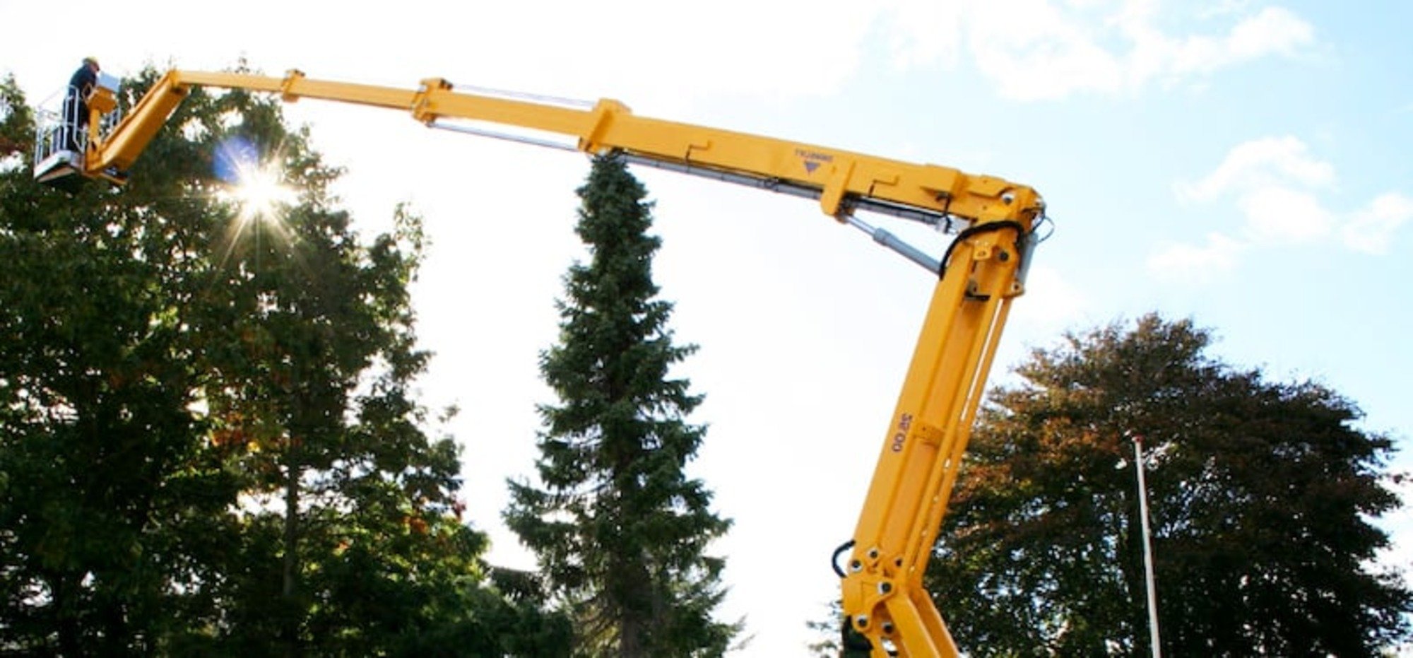 Spider lift with pine trees in the background
